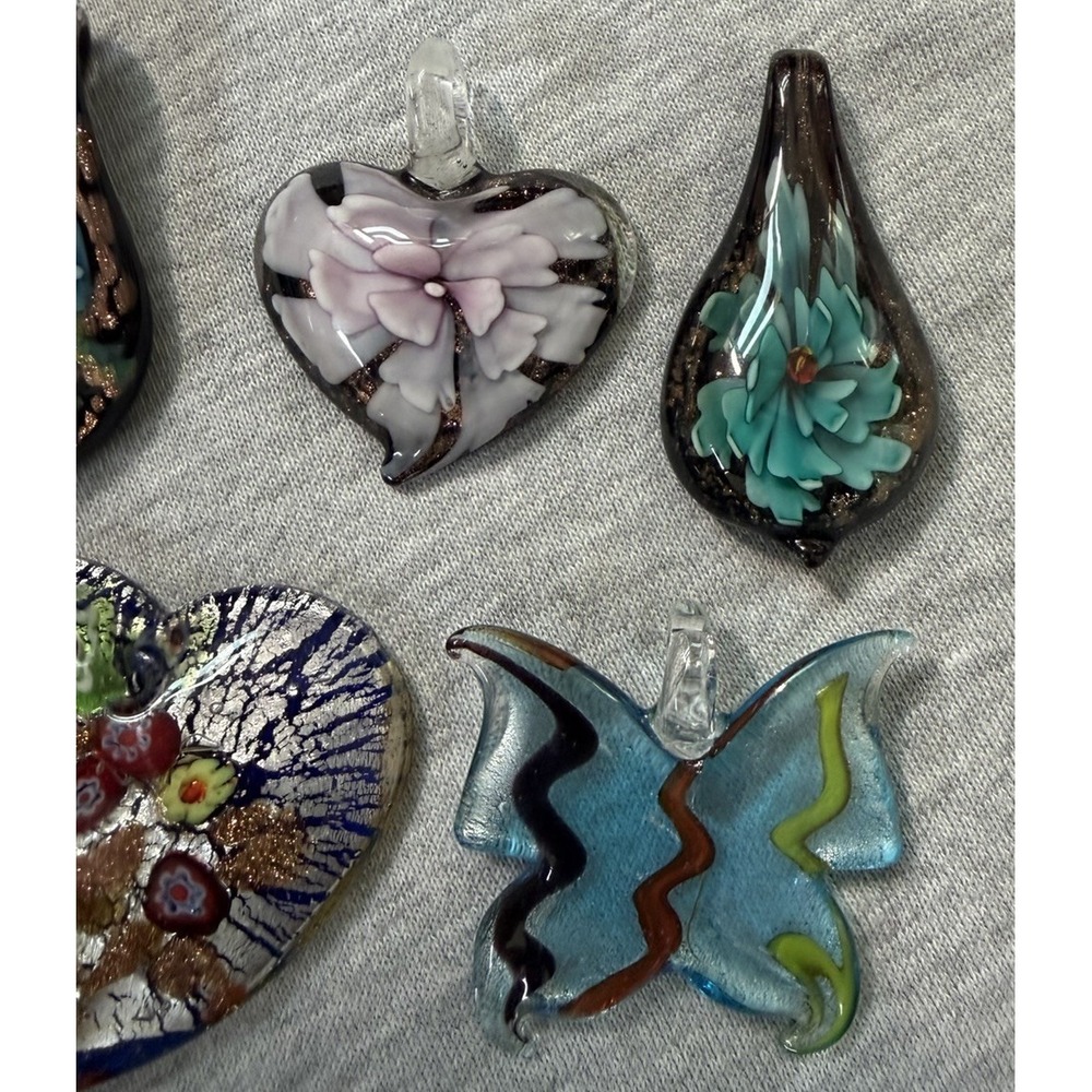 Art Glass PENDANTS (7) Handmade Artisan Flower Butterfly Millefiori Heart Shapes - Picture 4 of 16